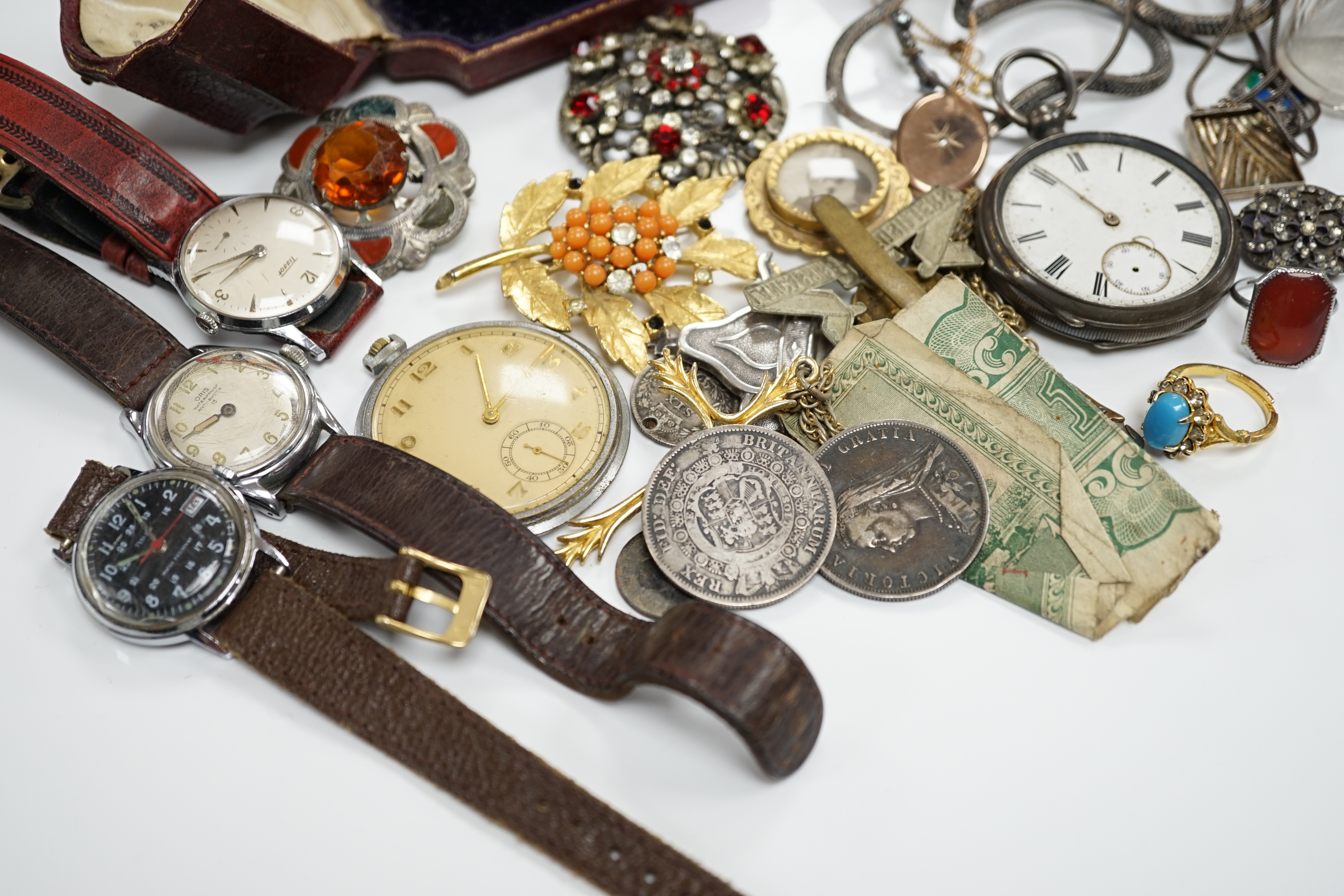 A quantity of assorted mainly costume and other jewellery and a lady's 9ct gold manual wind wrist watch, on a 9ct gold bracelet.